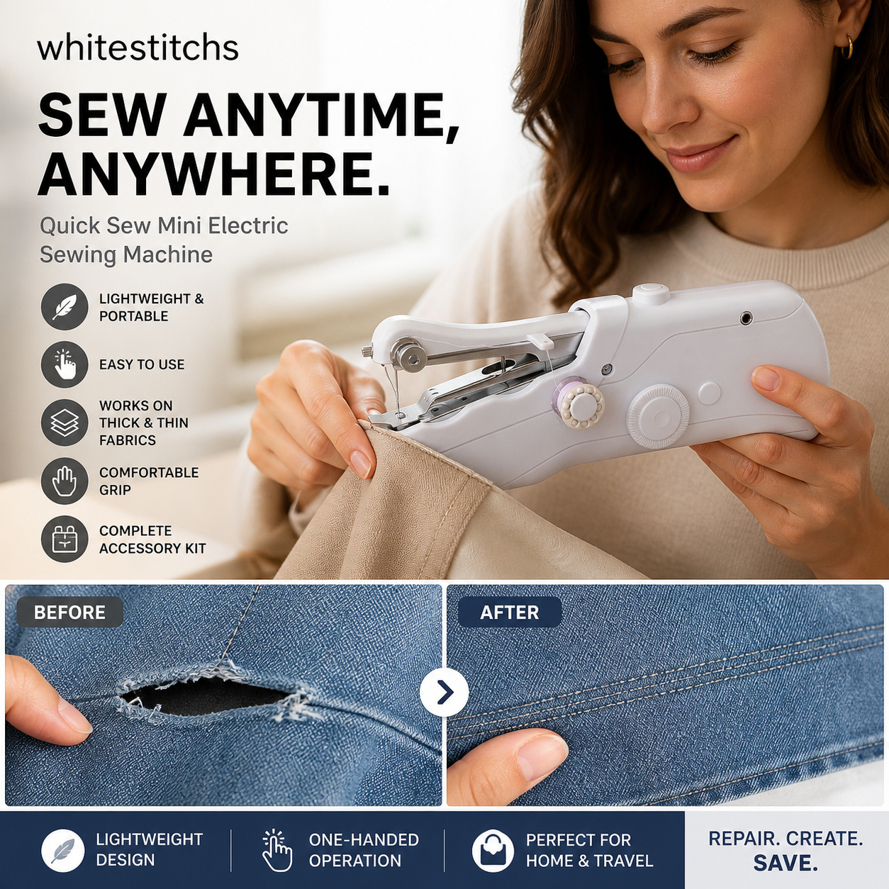 🧵 Mini máquina de coser eléctrica: ligera y portátil. &  ¡Fácil de usar! ✨