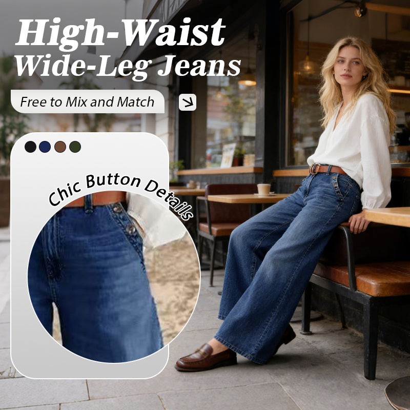 High-Waist-Jeans mit weitem Bein und Knopfdetail