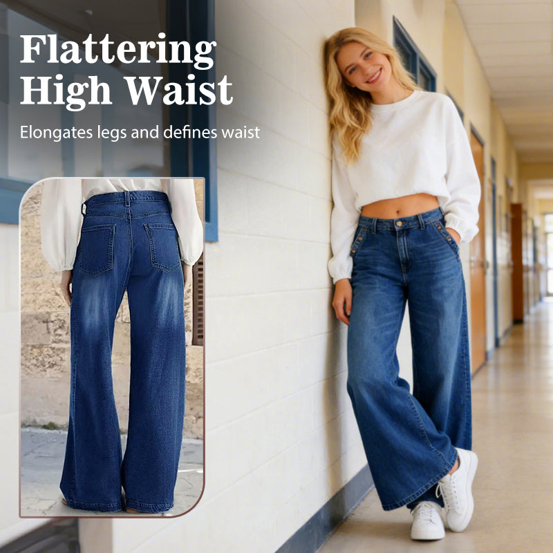 High-Waist-Jeans mit weitem Bein und Knopfdetail
