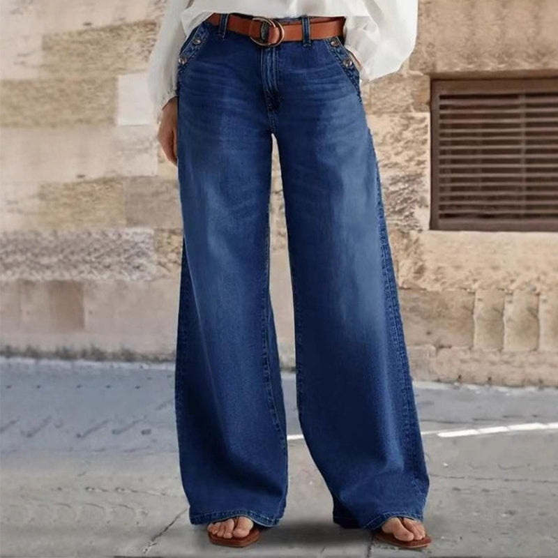 High-Waist-Jeans mit weitem Bein und Knopfdetail