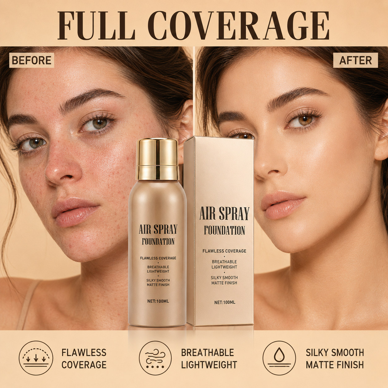 💦Vandfast, fejlfri air spray foundation, langtidsholdbar airbrush makeup, svedafvisende, opbyggelig dækning ✨