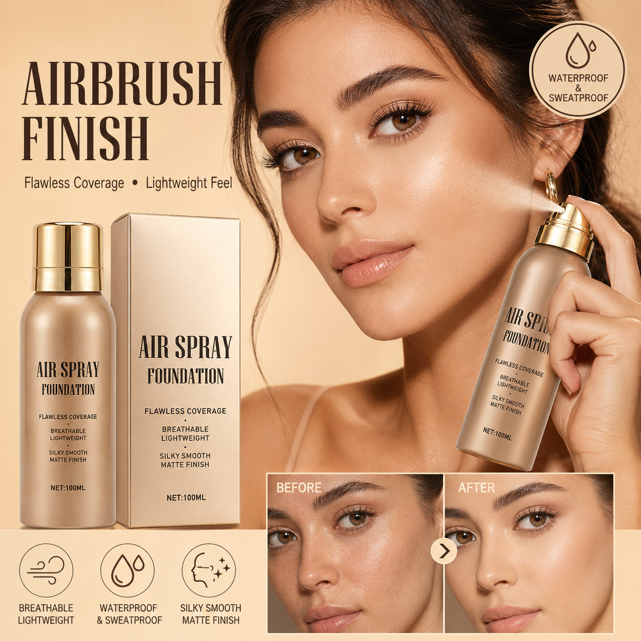 💦Vandfast, fejlfri air spray foundation, langtidsholdbar airbrush makeup, svedafvisende, opbyggelig dækning ✨