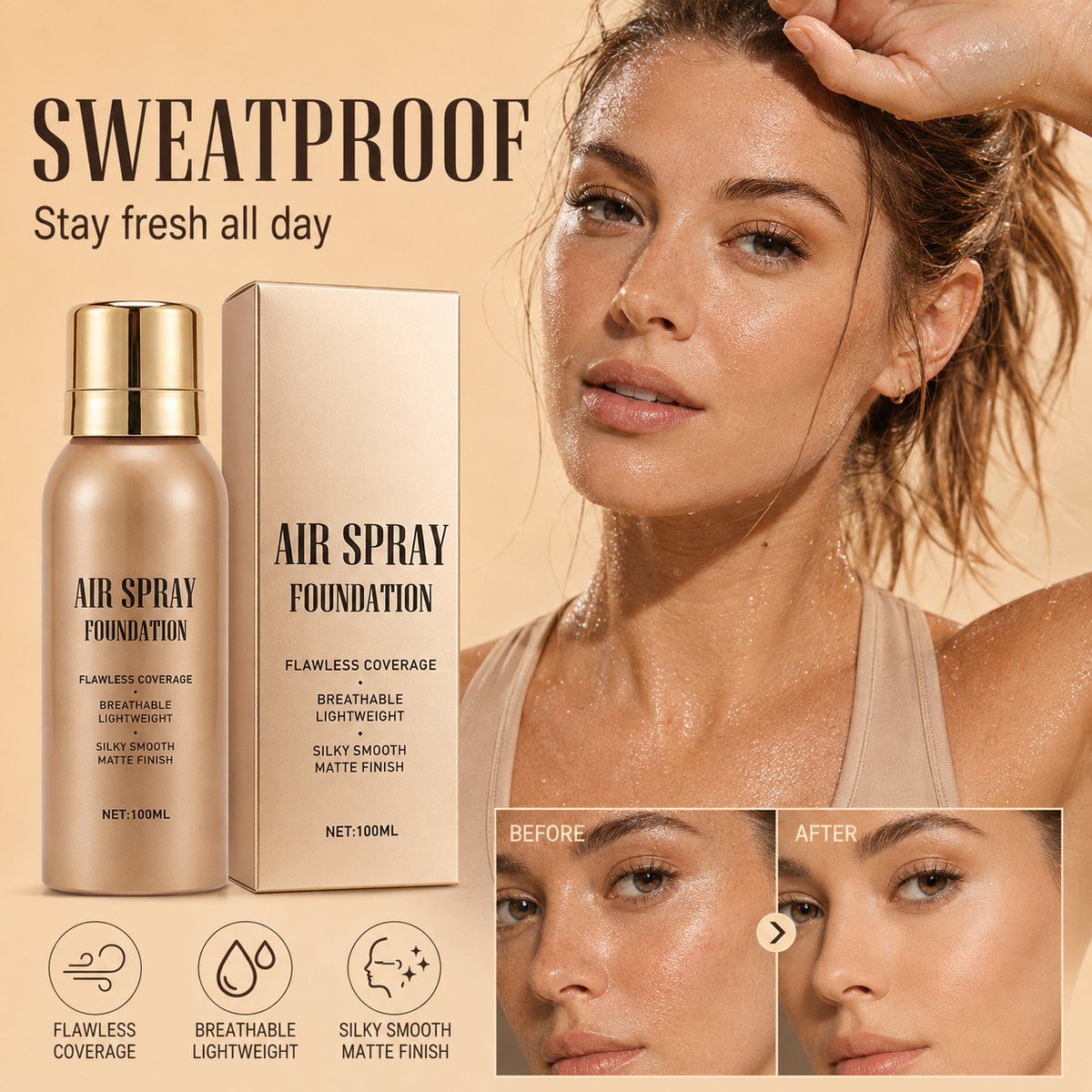 💦Vandfast, fejlfri air spray foundation, langtidsholdbar airbrush makeup, svedafvisende, opbyggelig dækning ✨